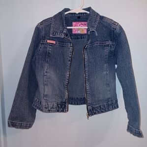 Gasoline Girls Denim Blue Jean Jacket Zippered Stretch Pink Decorative Stitching